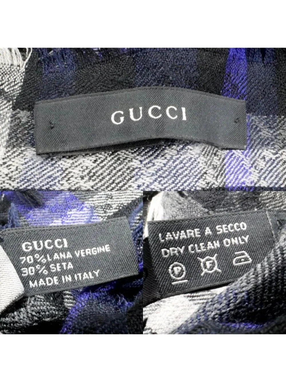 Gucci Shawl Check Pattern Gray Blue Wool 70% Silk Scarf
